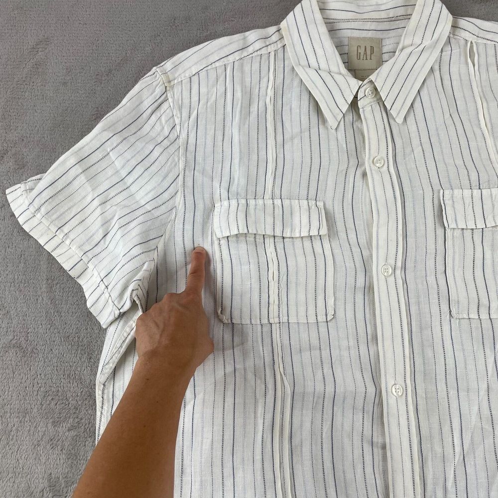 GAP Shirt Men XL White Striped 99% Linen Dual Pockets Short Sleeve Camp Vacation - Picture 6 of 16